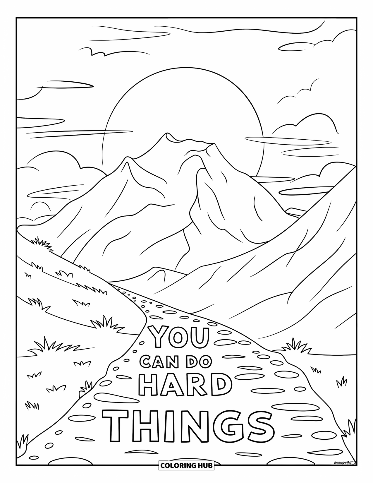 Mental Health Coloring Page for Kids: Path up the mountainside reminds you that you can do hard things