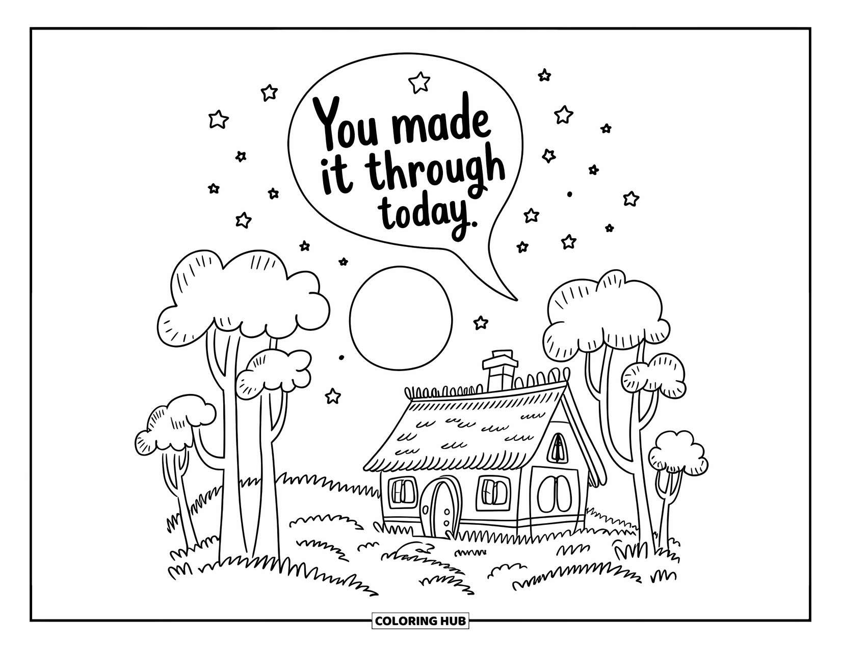 Mental Health Coloring Page for Kids: Peaceful moon and stars with a reminder of daily strength