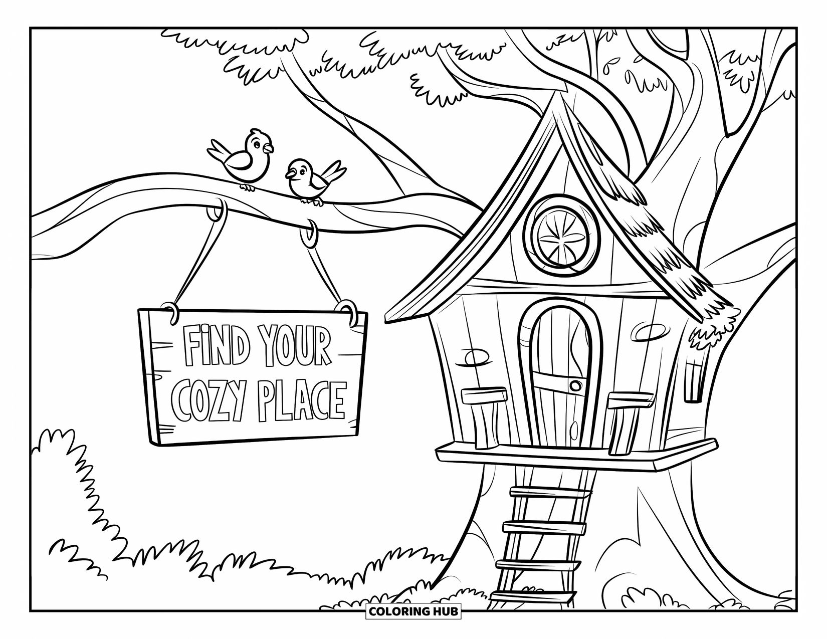 Mental Health Coloring Page for Kids: Peaceful treehouse scene with a sign that reads "Find Your Cozy Place