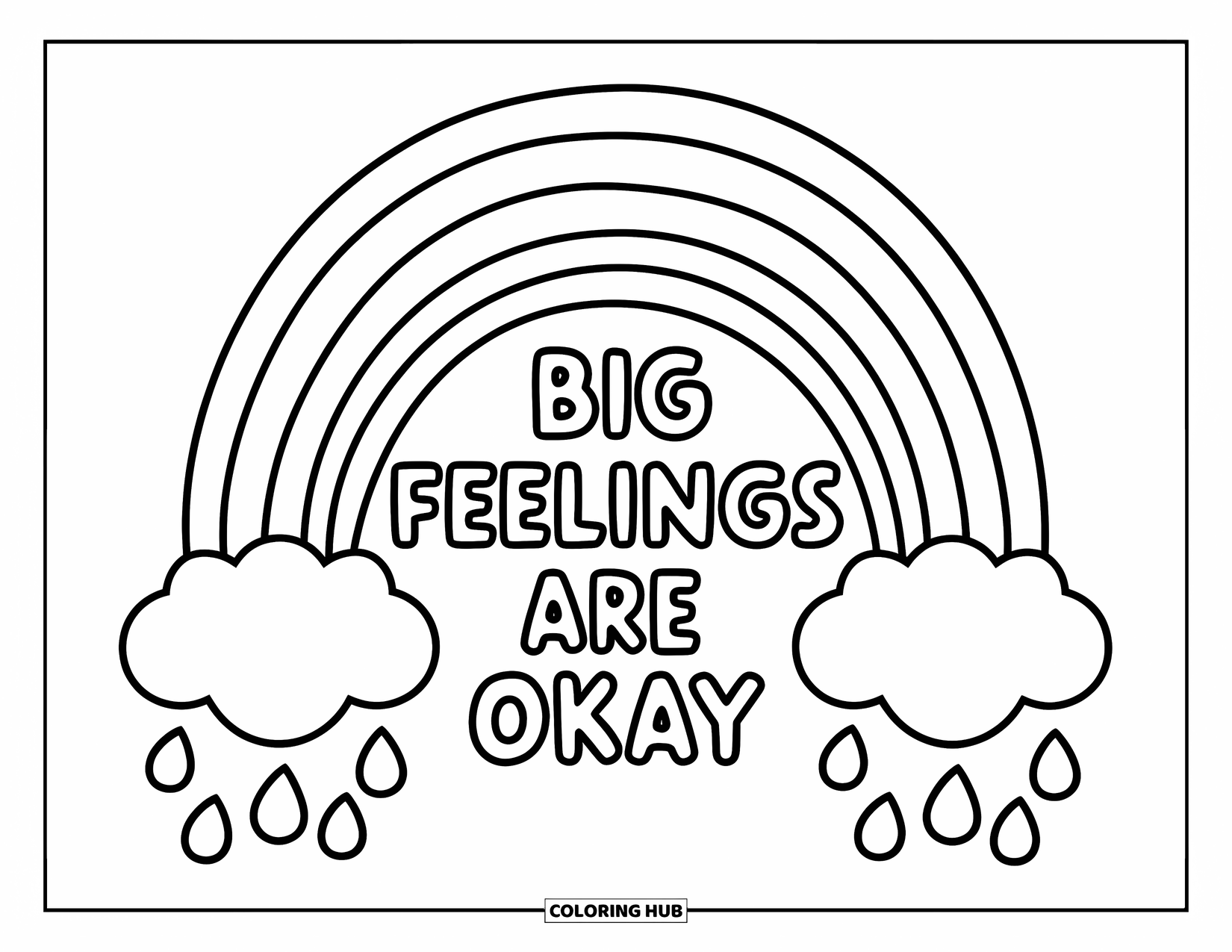 Mental Health Coloring Page for Kids: Rainbow and heart raindrops say it's okay to feel big emotions