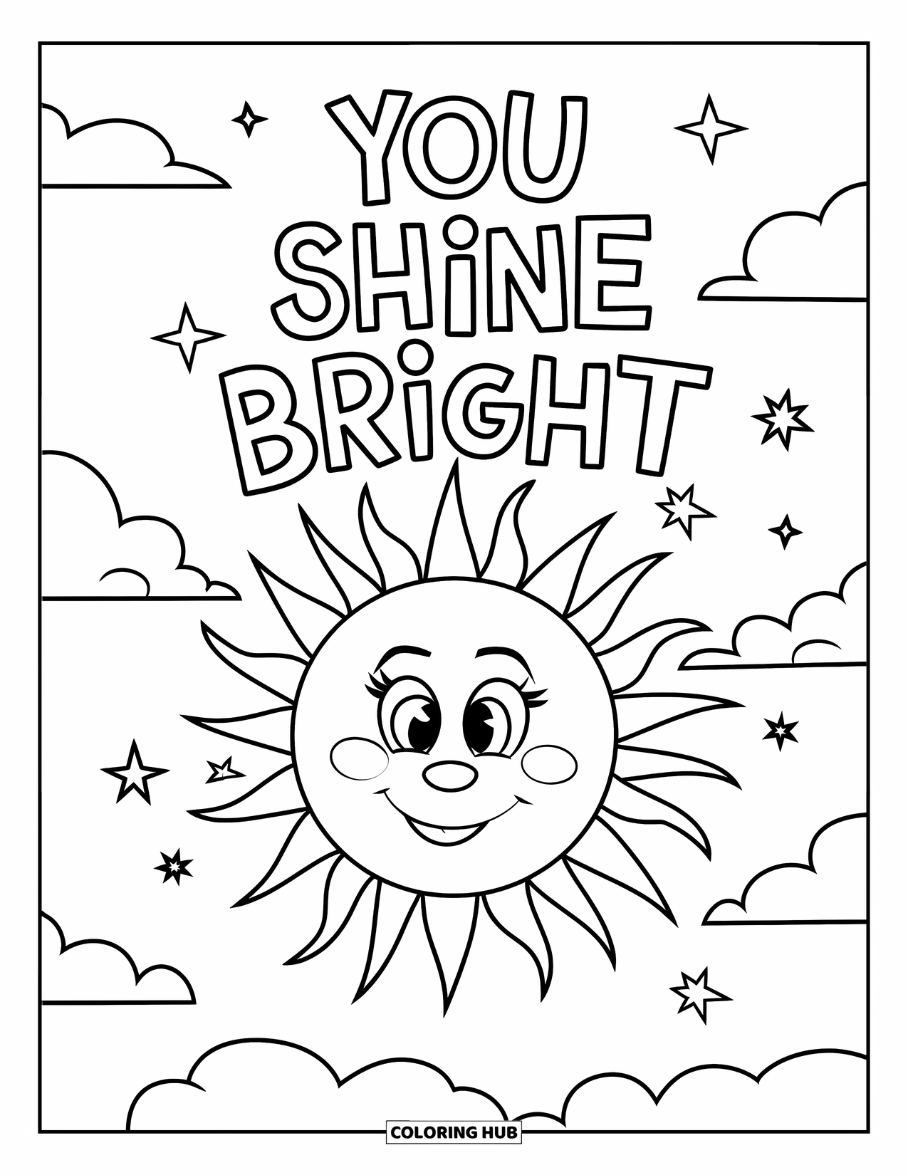 Mental Health Coloring Page for Kids: Smiling sun and clouds shine with the phrase "You Shine Bright