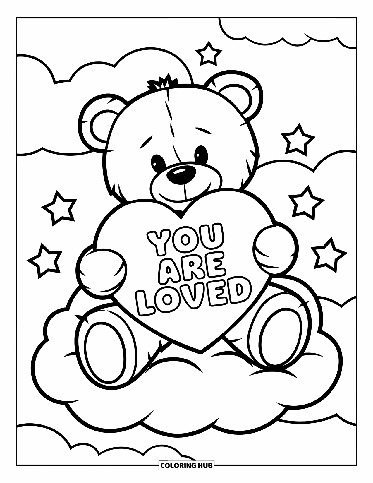Mental Health Coloring Page for Kids: Snuggly teddy bear holds a heart above the clouds with kind words