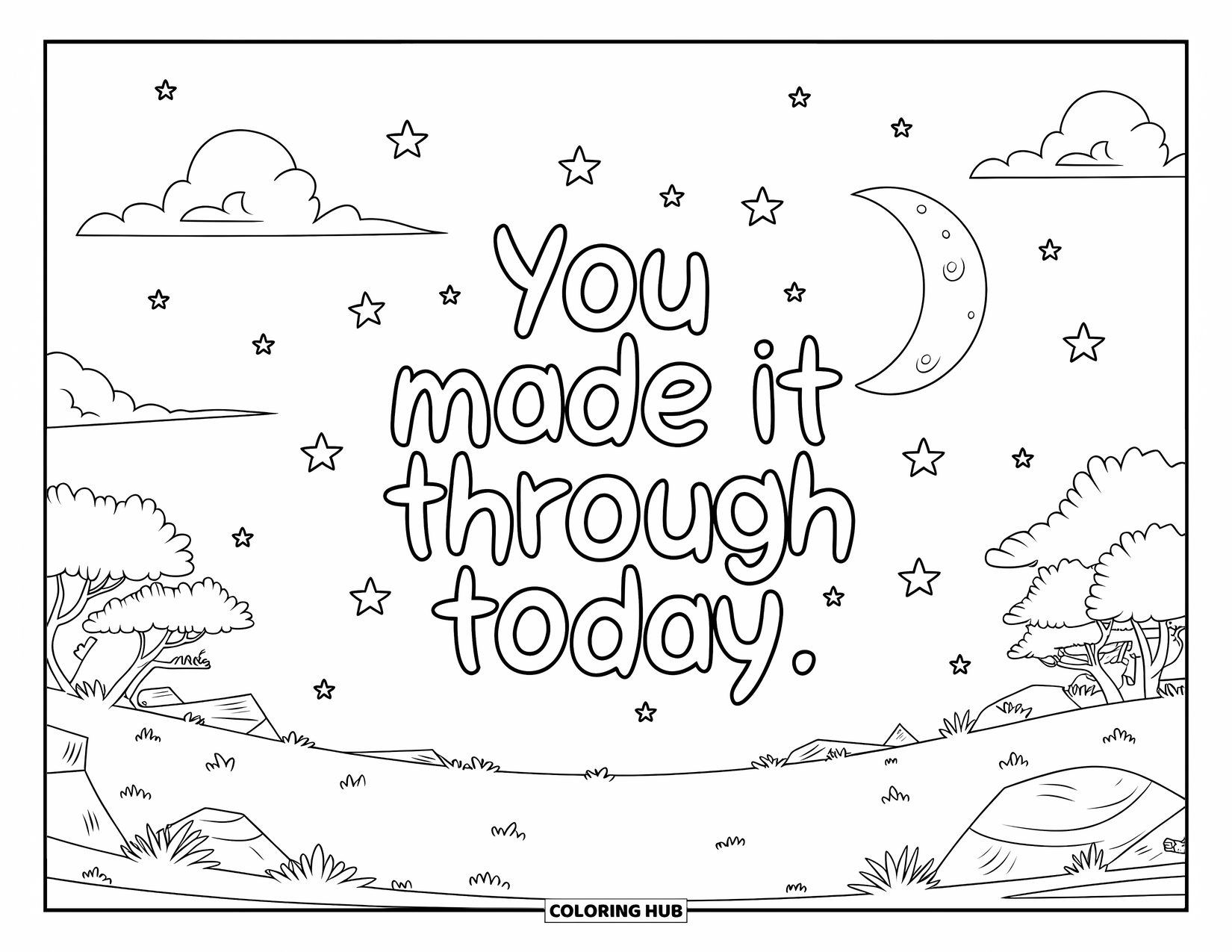 Mental Health Coloring Page for Kids: Starry night with gentle words: "You Made It Through Today
