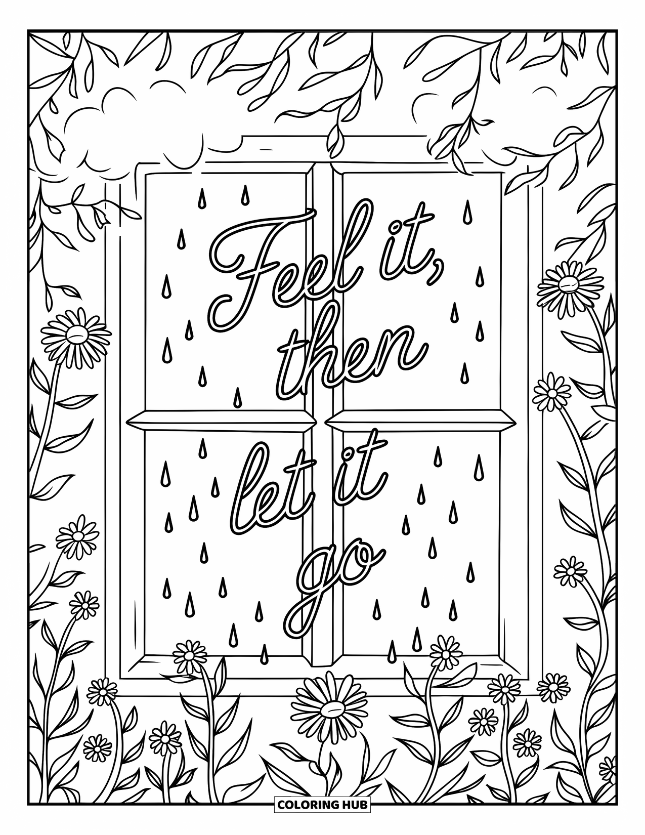 Mental Health Coloring Page for Kids: Window with raindrops and a calm message about letting go