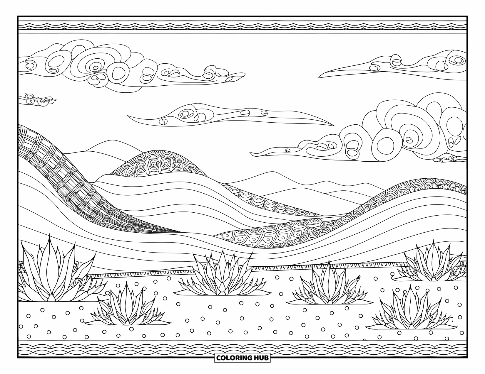 Mexiko Ausmalbild für Erwachsene: Eine ruhige Wüstenszene mit gemusterten Bergen, wirbelndem Himmel und stacheligen Pflanzen