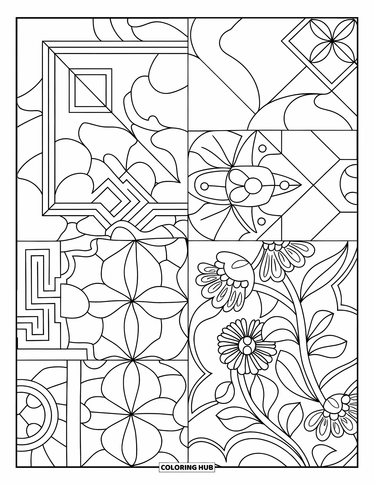 Mexiko Ausmalbild für Erwachsene: Eine Collage aus Talavera-Fliesen mit floralen und geometrischen Mustern