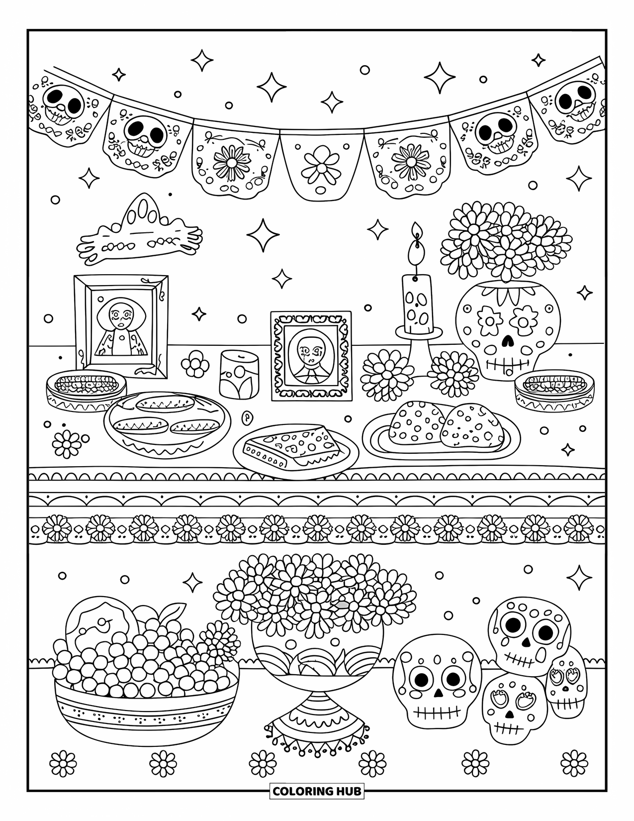 Mexiko Ausmalbild für Erwachsene: Ein gemütlicher Altar mit Kerzen, Obst und sanften Blumendekorationen