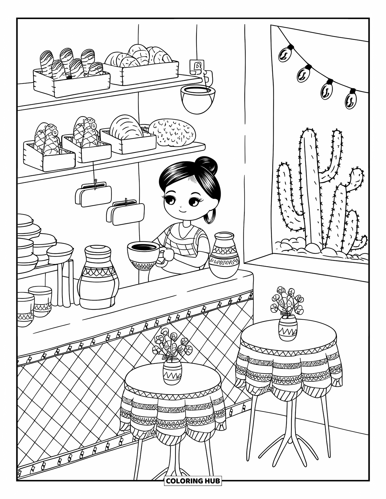 Mexiko Ausmalbild für Erwachsene: Ein süßer Barista serviert Kaffee neben Regalen mit Pan Dulce und hängenden Töpfen