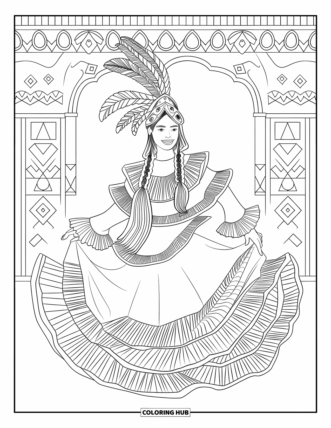 Mexiko Ausmalbild für Erwachsene: Eine Folklorico-Tänzerin mit Federn und Blumen posiert vor einem gemusterten Hintergrund