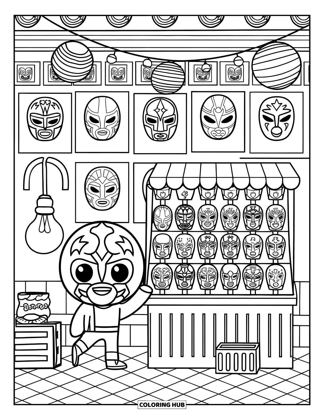 Mexiko Ausmalbild für Erwachsene: Eine lustige Gassenszene mit Maskenausstellungen, hängenden Lichtern und Wrestling-Postern