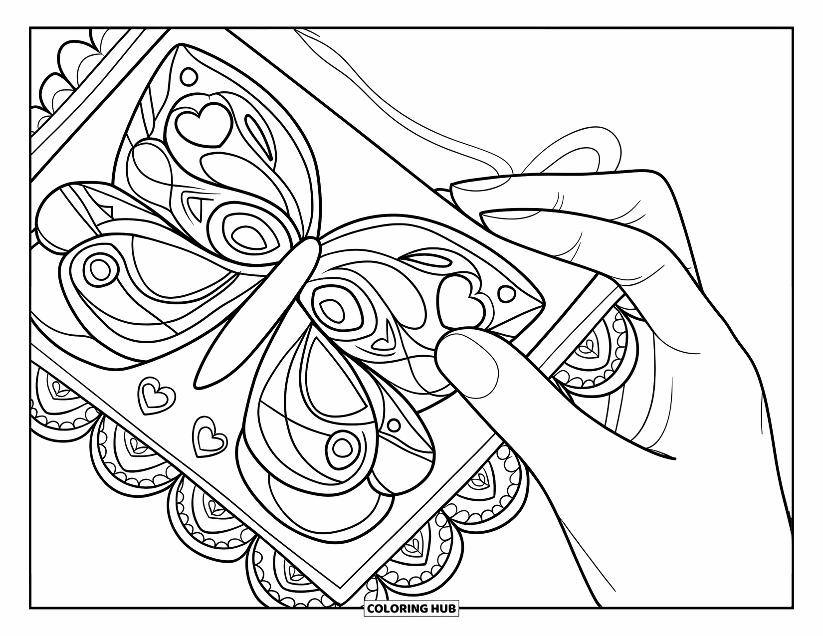 Mexiko Ausmalbild für Erwachsene: Eine Hand hält ein Papel Picado mit Schmetterlingen und Herzen im Design