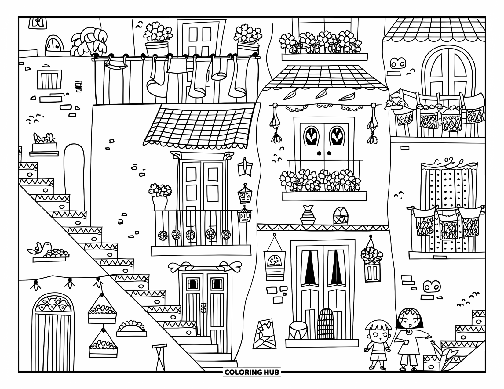 Mexiko Ausmalbild für Erwachsene: Ein Bergdorf mit Blumentöpfen, spielenden Kindern und winzigen Taco-förmigen Straßenschildern