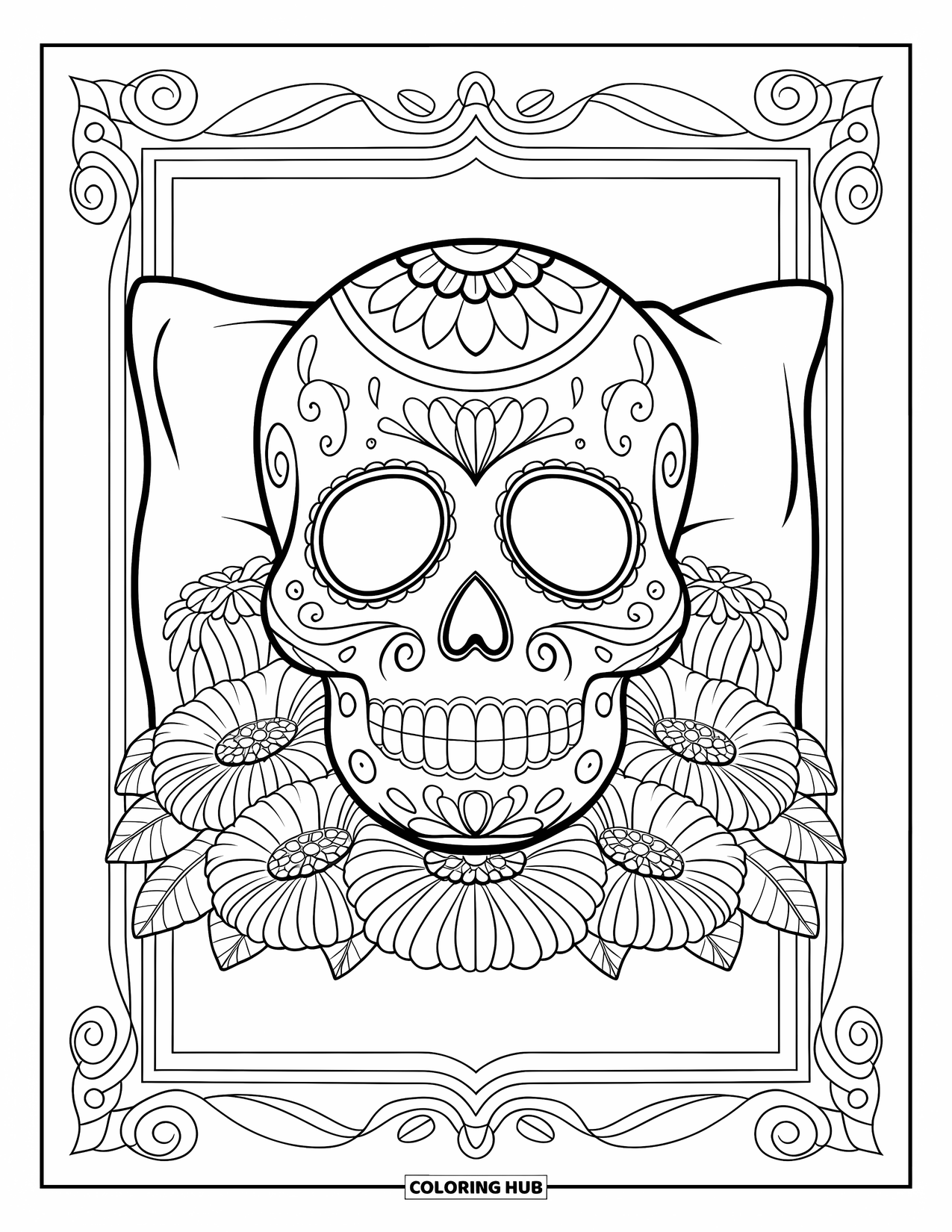 Mexiko Ausmalbild für Erwachsene: Ein gemusterter Zuckerschädel ruht auf einem Kissen, umgeben von Ringelblumen