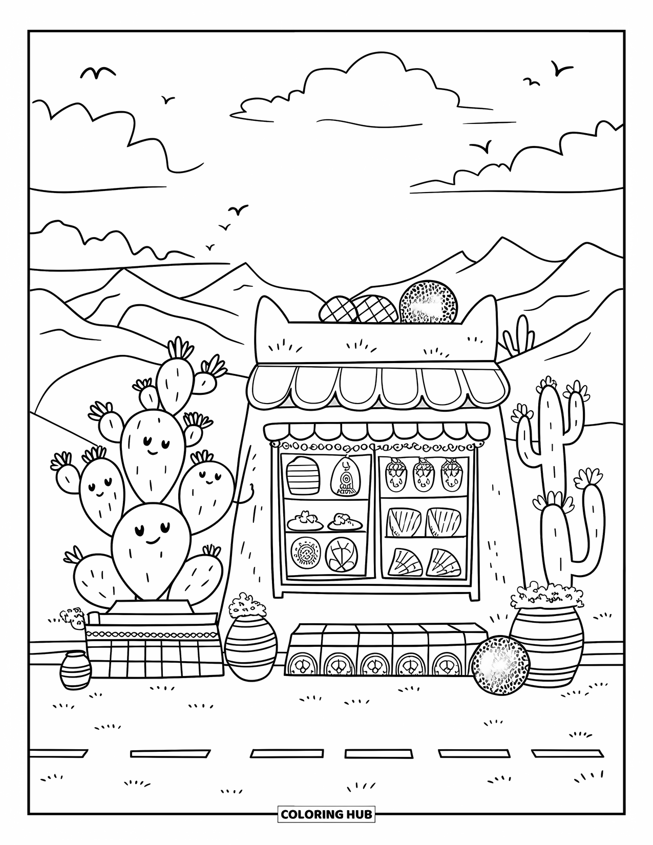 Mexiko Ausmalbild für Erwachsene: Ein friedlicher Laden am Straßenrand mit Elotes, Tontöpfen und freundlichen Kakteen