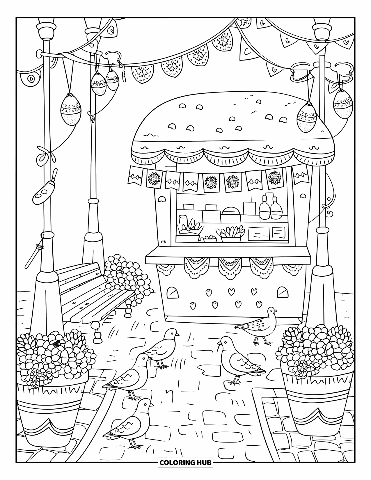 Mexiko Ausmalbild für Erwachsene: Eine friedliche Taco-Ecke mit Tauben, Flaggen und Kopfsteinpflaster-Charme