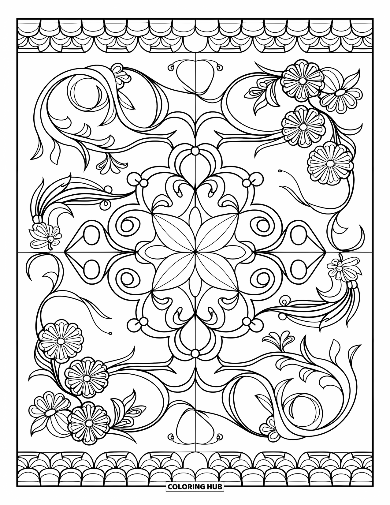 Mexiko Ausmalbild für Erwachsene: Eine reichhaltige Collage aus Fliesen im Talavera-Stil mit wirbelnden Ranken und Formen