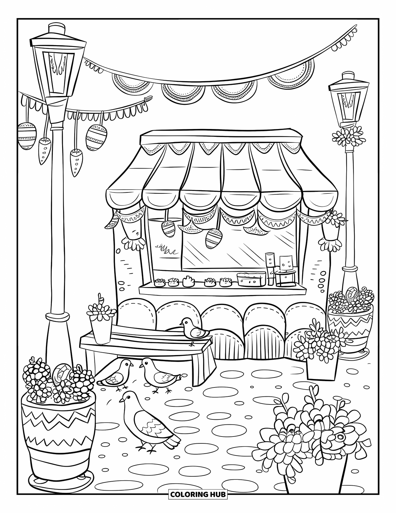 Mexiko Ausmalbild für Erwachsene: Ein Stadtplatz mit einem Taco-Stand, Sukkulenten und hängenden Chili-Wimpeln