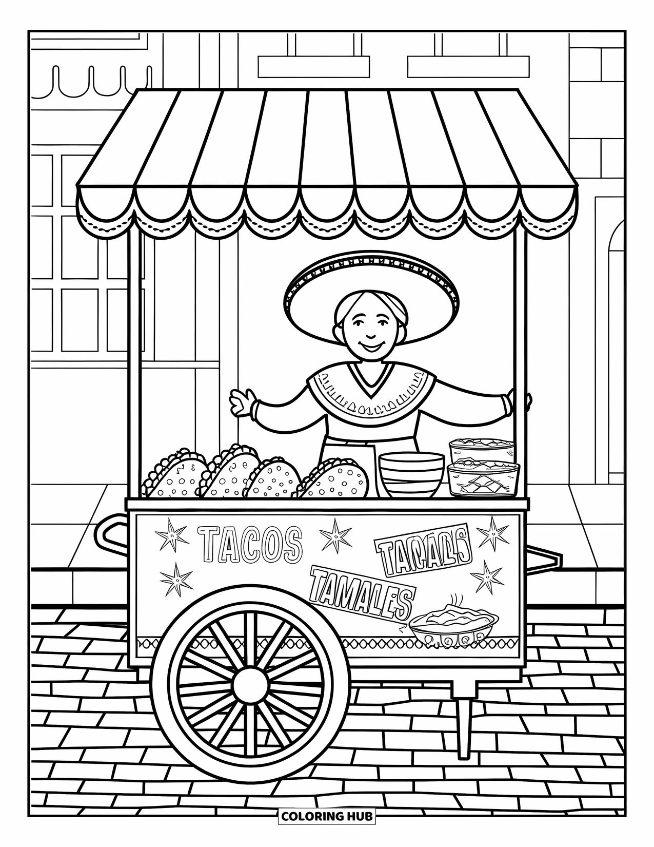 Mexiko Ausmalbild für Erwachsene: Ein Verkäufer mit Hut verkauft Tacos und Tamales von einem Karren auf Kopfsteinpflaster