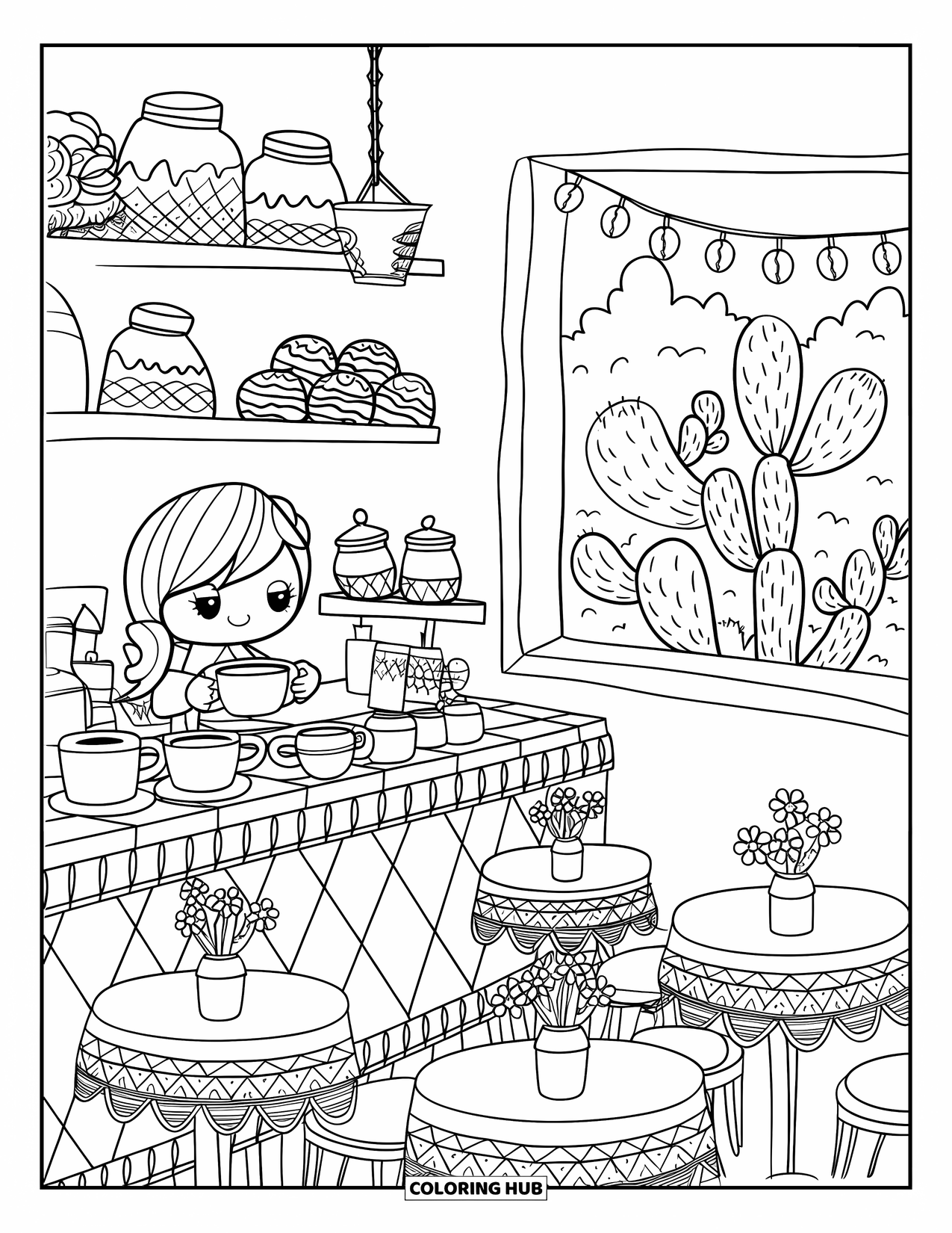 Mexiko Ausmalbild für Erwachsene: Eine warme Cafészene mit Tassen Kaffee, Backwaren und sanfter Beleuchtung