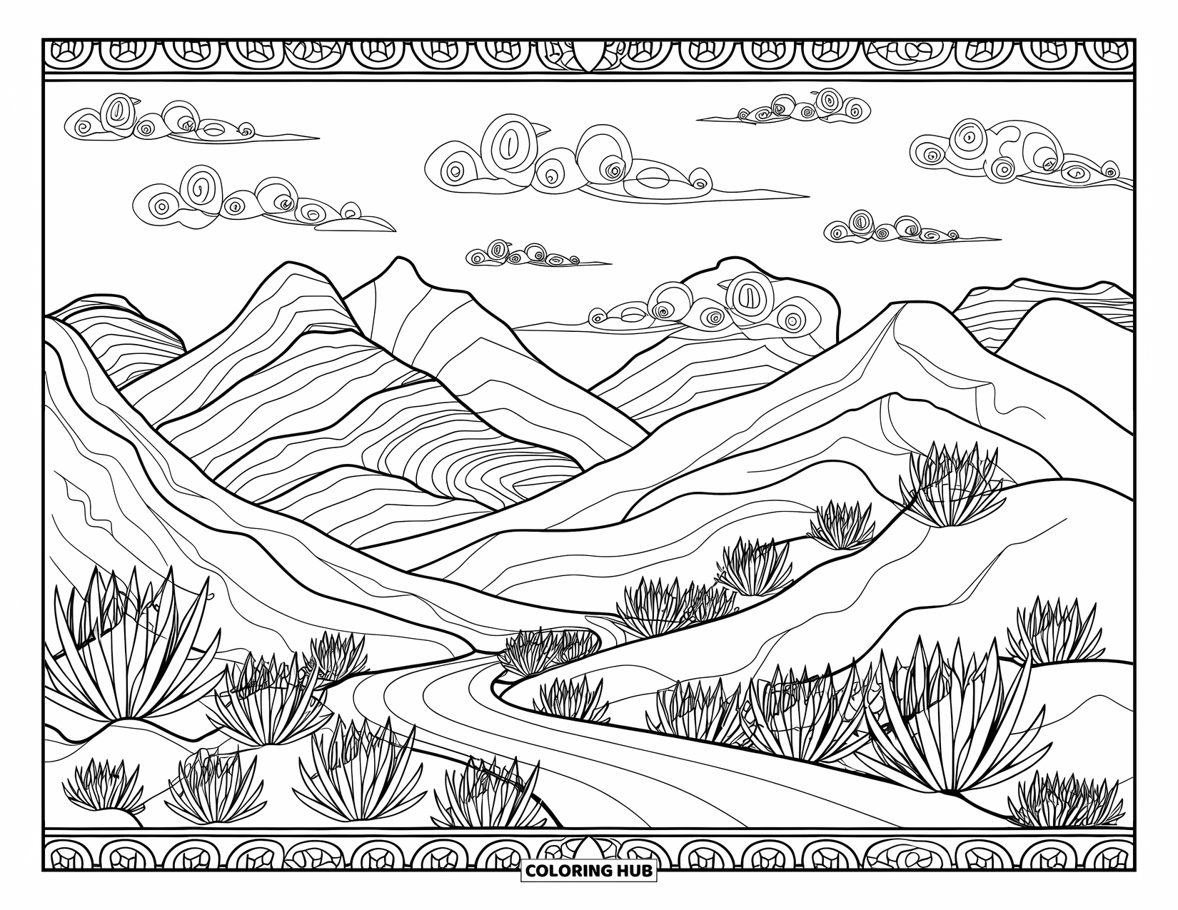 Mexiko Ausmalbild für Erwachsene: Eine kurvenreiche Straße führt durch eine gemusterte Wüste mit wirbelnden Wolken und Agaven