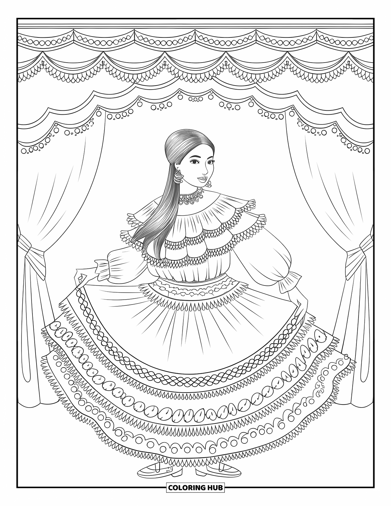 Mexiko Ausmalbild für Erwachsene: Eine Frau steht in einem Rüschen-Folklorico-Kleid voller floraler Muster