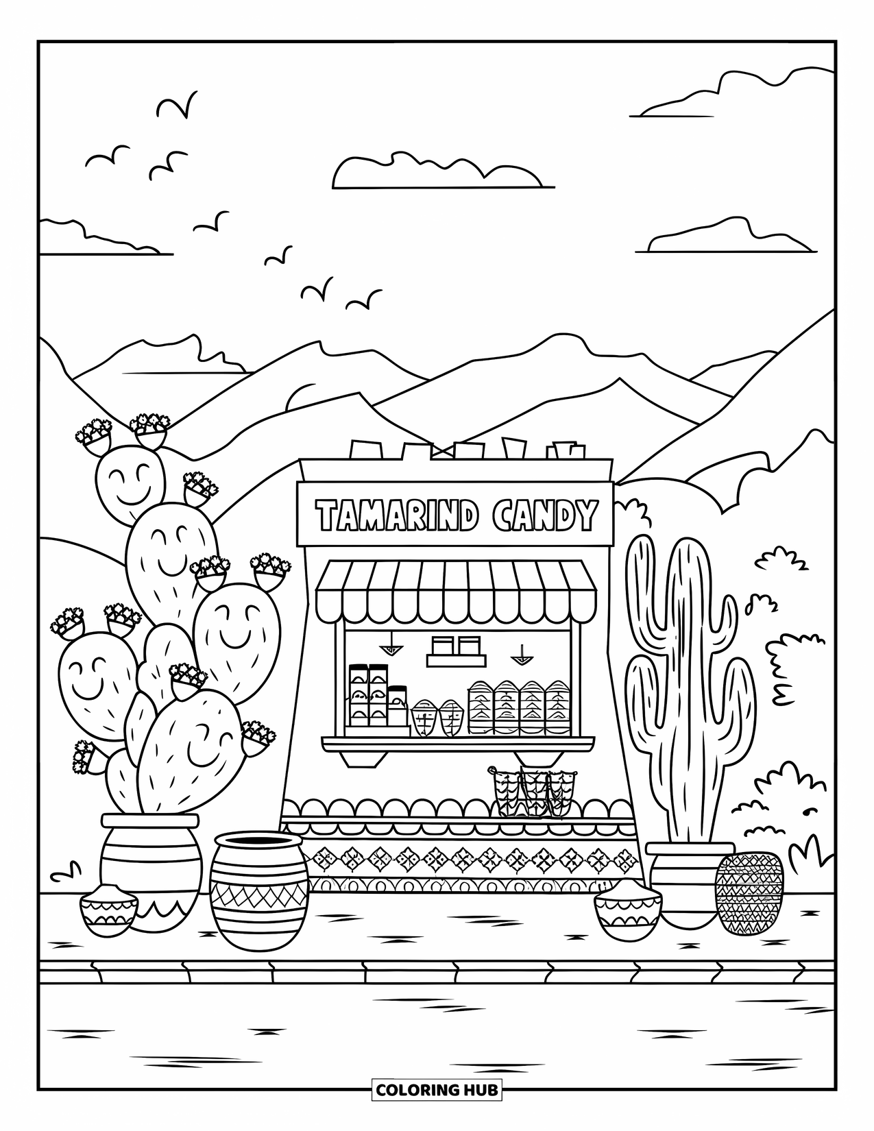 Mexiko Ausmalbild für Erwachsene: Eine Adobe-Snackhütte mit fröhlichen Kakteen und Vögeln, die am Himmel fliegen