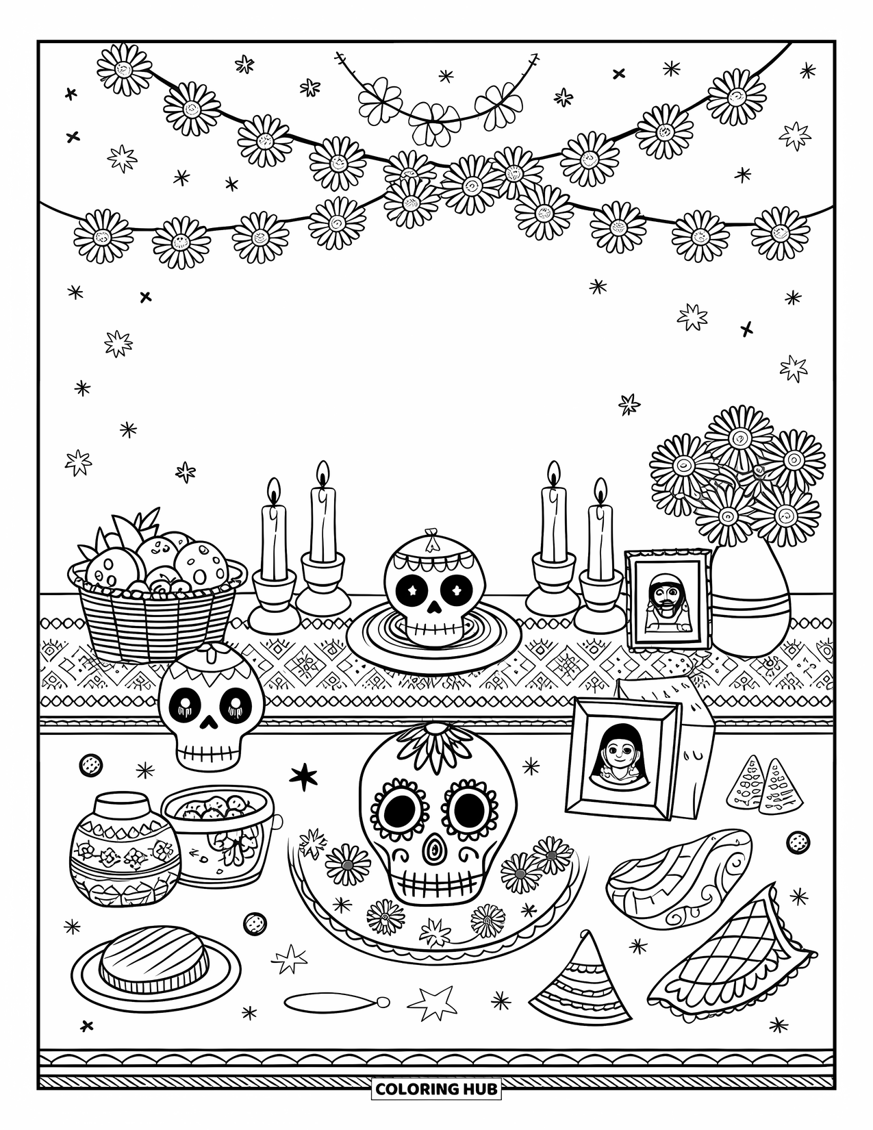 Mexiko Ausmalbild für Erwachsene: Ein bezaubernder Altar mit Papel Picado, Pan Dulce und niedlichen Zuckerschädeln