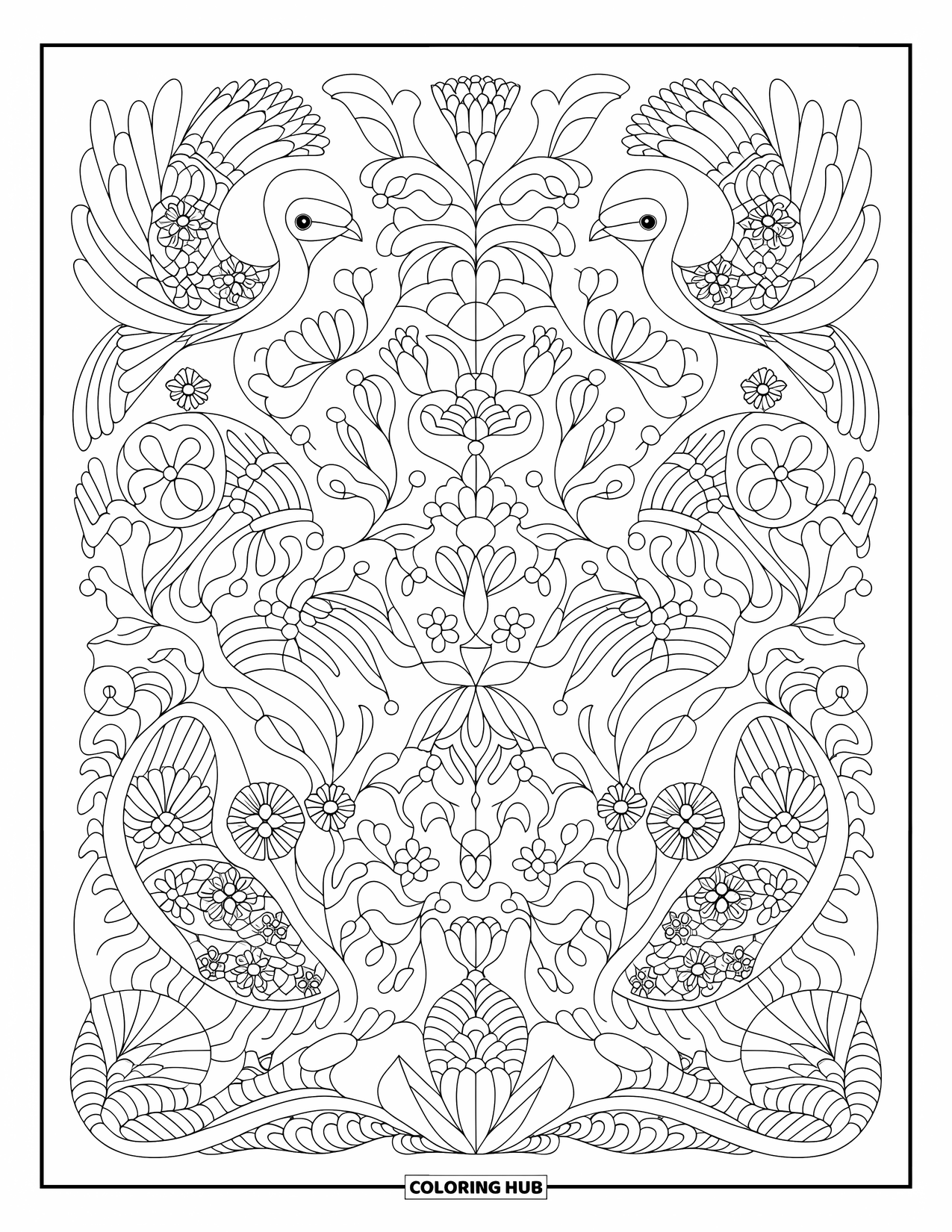 Mexiko Ausmalbild für Erwachsene: Vögel und Blumen erzeugen Symmetrie in diesem traditionellen Otomi-Stil-Muster