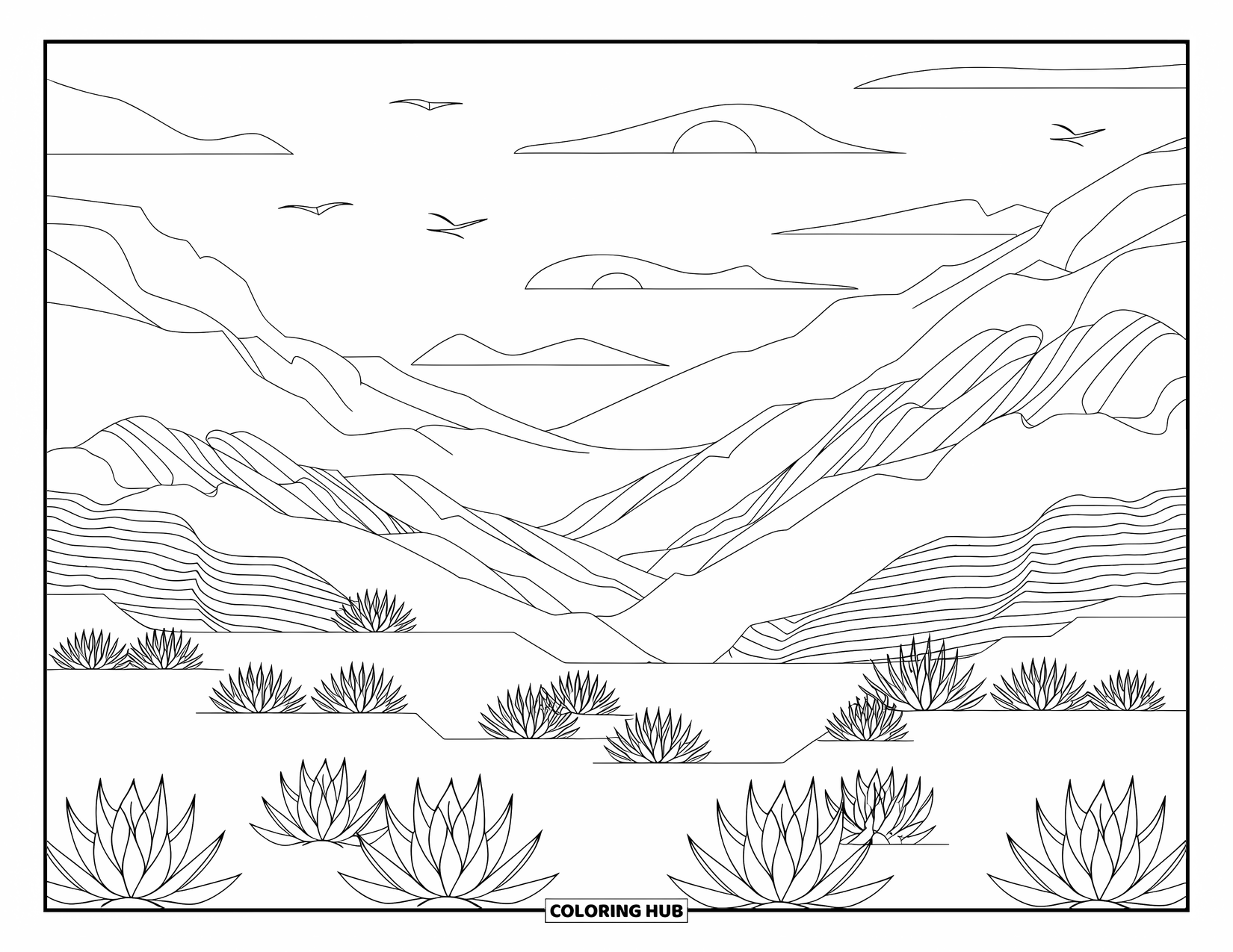 Mexiko Ausmalbild für Erwachsene: Vögel fliegen über gemusterte Berge und Agaven in dieser ruhigen Wüstenszene