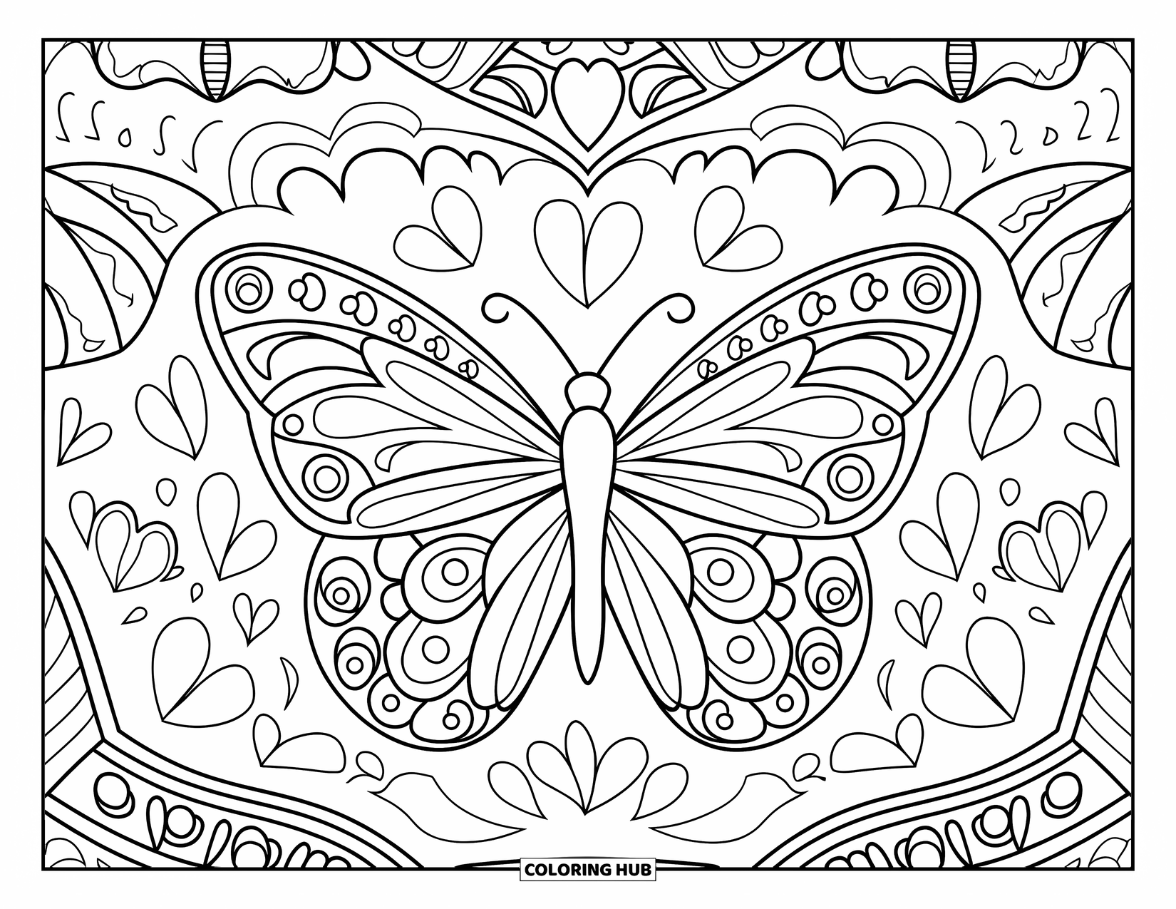 Mexiko Ausmalbild für Erwachsene: Schmetterlinge und Herzen füllen diese Nahaufnahme eines dekorativen Papel Picado