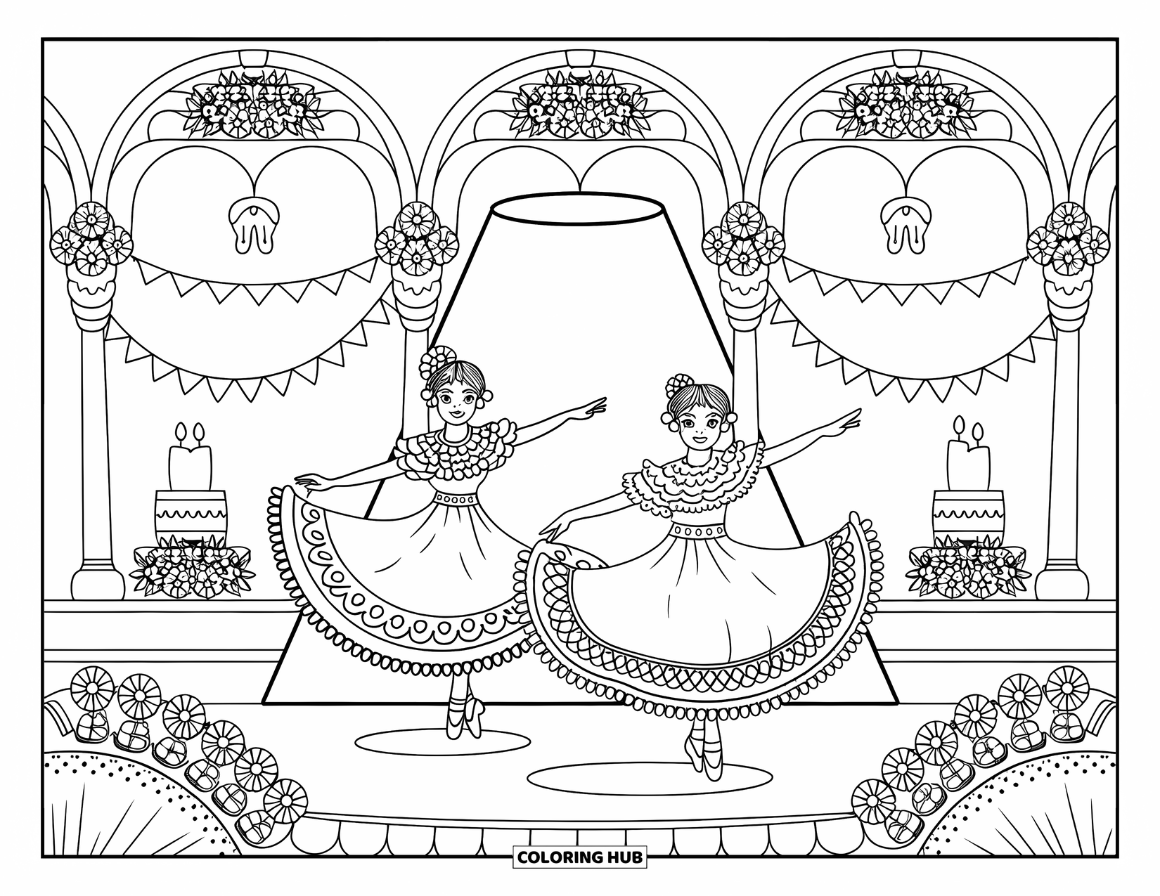 Mexiko Ausmalbild für Erwachsene: Folklorico-Tänzerinnen mitten im Wirbeln mit Rüschenröcken und einer festlichen Bühnenkulisse