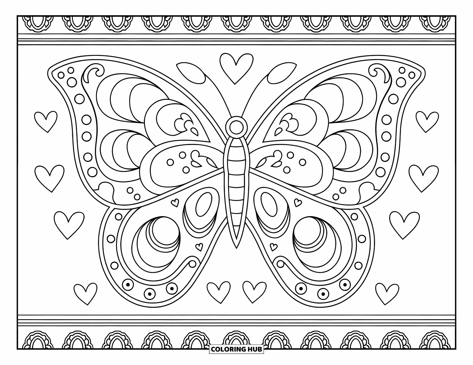 Mexiko Ausmalbild für Erwachsene: Verschlungene Schmetterlinge und Herzen schmücken dieses schöne Papel Picado-Muster