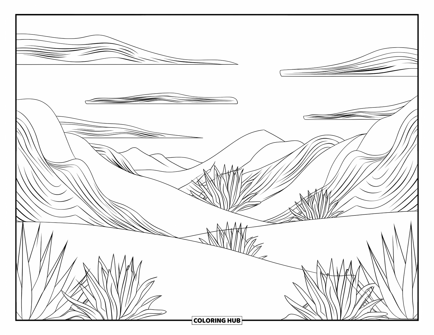 Mexiko Ausmalbild für Erwachsene: Geschichtete Berge, wirbelnde Wolken und Agavenpflanzen füllen diese friedliche Wüstenansicht