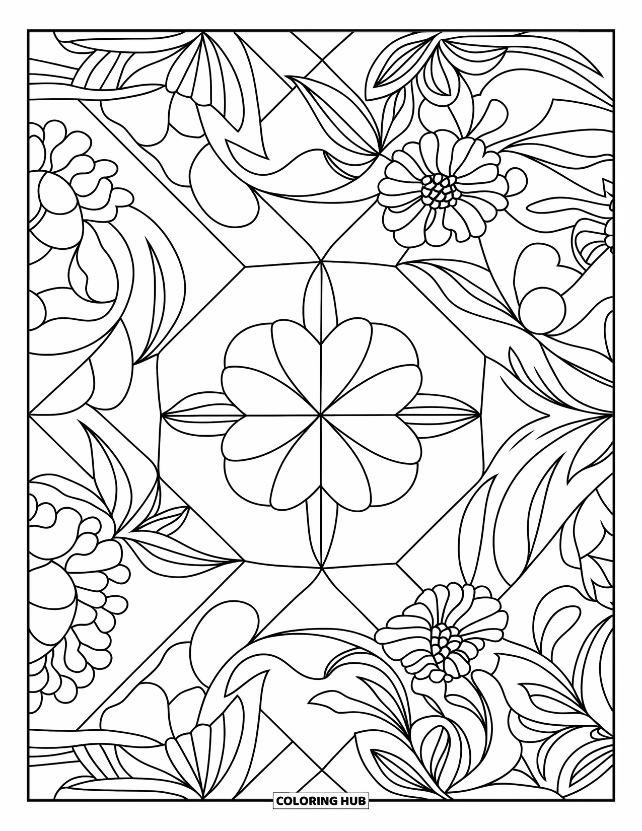 Mexiko Ausmalbild für Erwachsene: Blattartige und florale Talavera-Fliesen wiederholen sich in einem ruhigen, gemusterten Layout