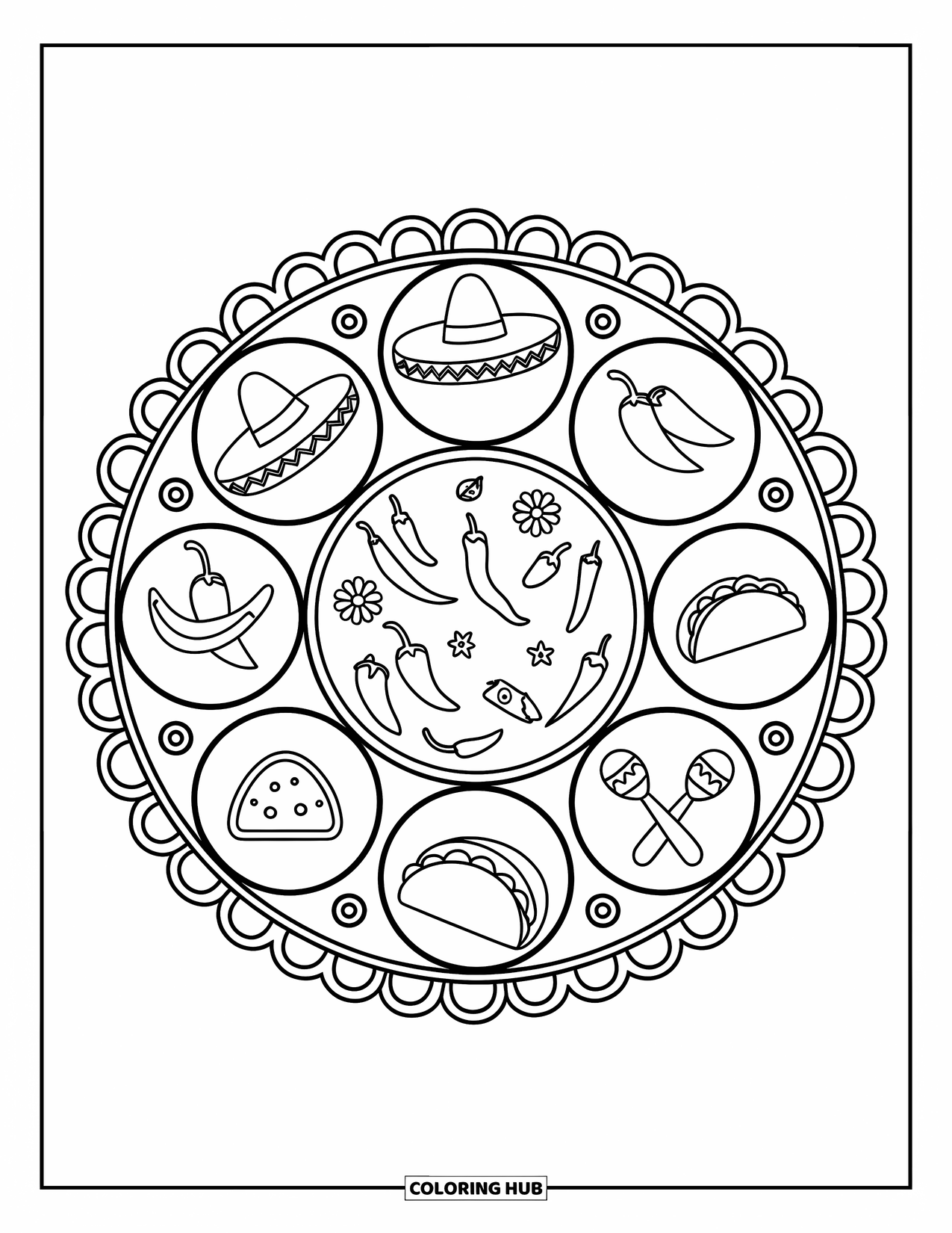 Mexiko Ausmalbild für Erwachsene: Mexikanische Ikonen wie Maracas und Sombreros bilden dieses lustige kreisförmige Mandala