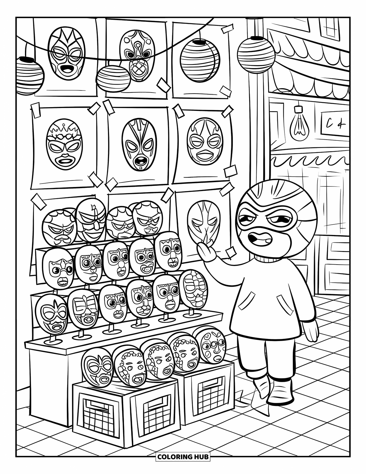 Mexiko Ausmalbild für Erwachsene: Verspielte Lucha-Poster, Maskenständer und ein fröhlicher Verkäufer mit einer Wrestling-Maske