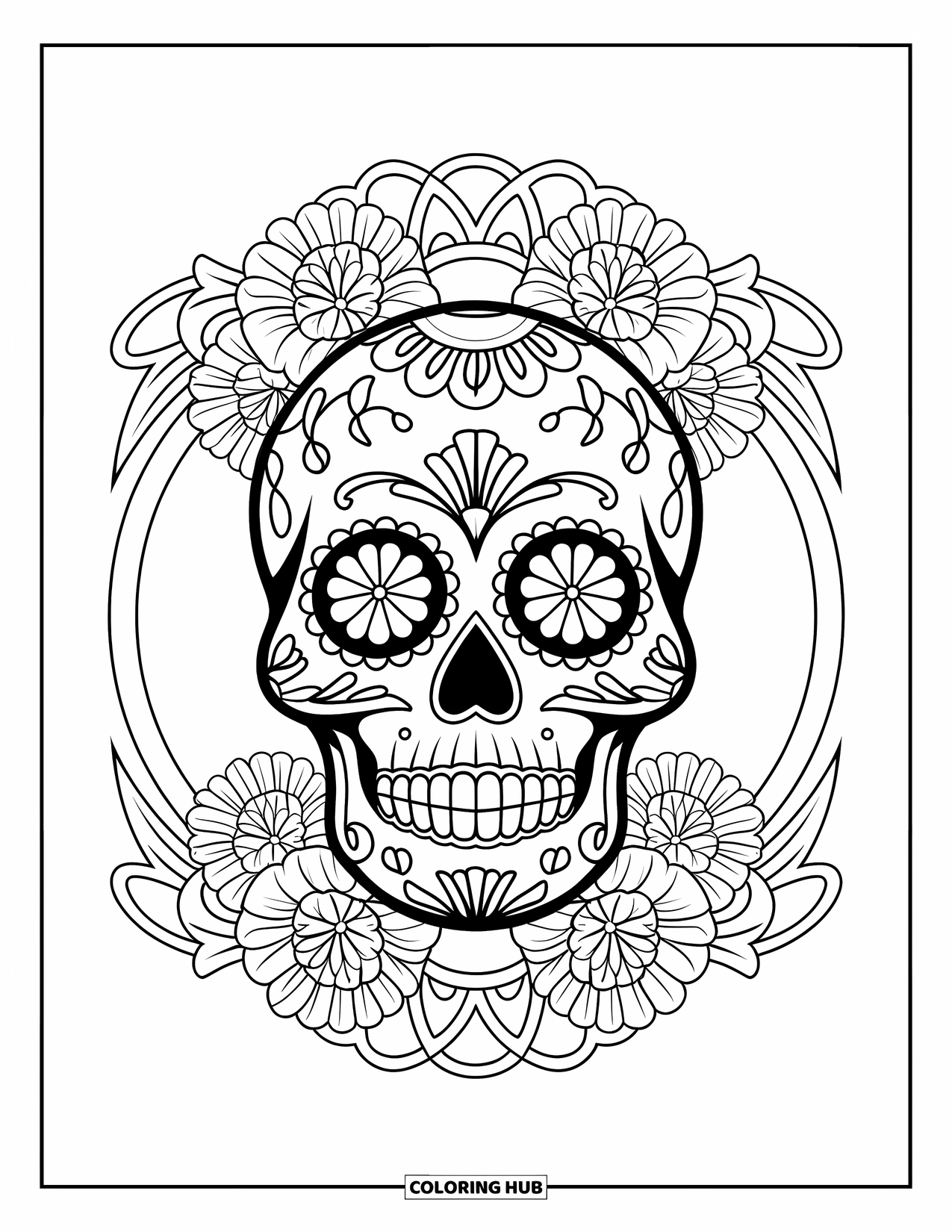 Mexiko Ausmalbild für Erwachsene: Wirbelnde Linienkunst und Ringelblumen umrahmen diesen detaillierten Zuckerschädel