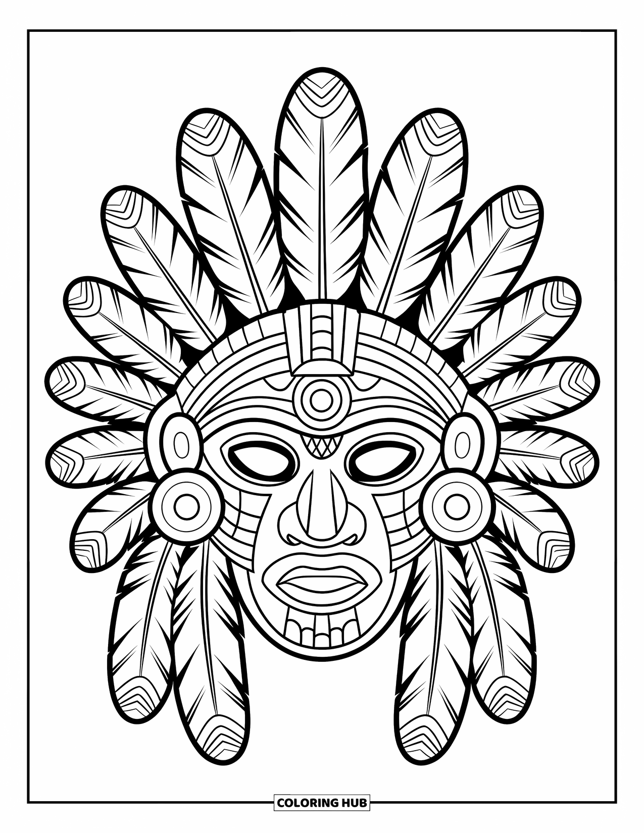 Mexiko Ausmalbild für Kinder: Eine kühne Azteken-Kriegermaske, verziert mit Federn und Mustern