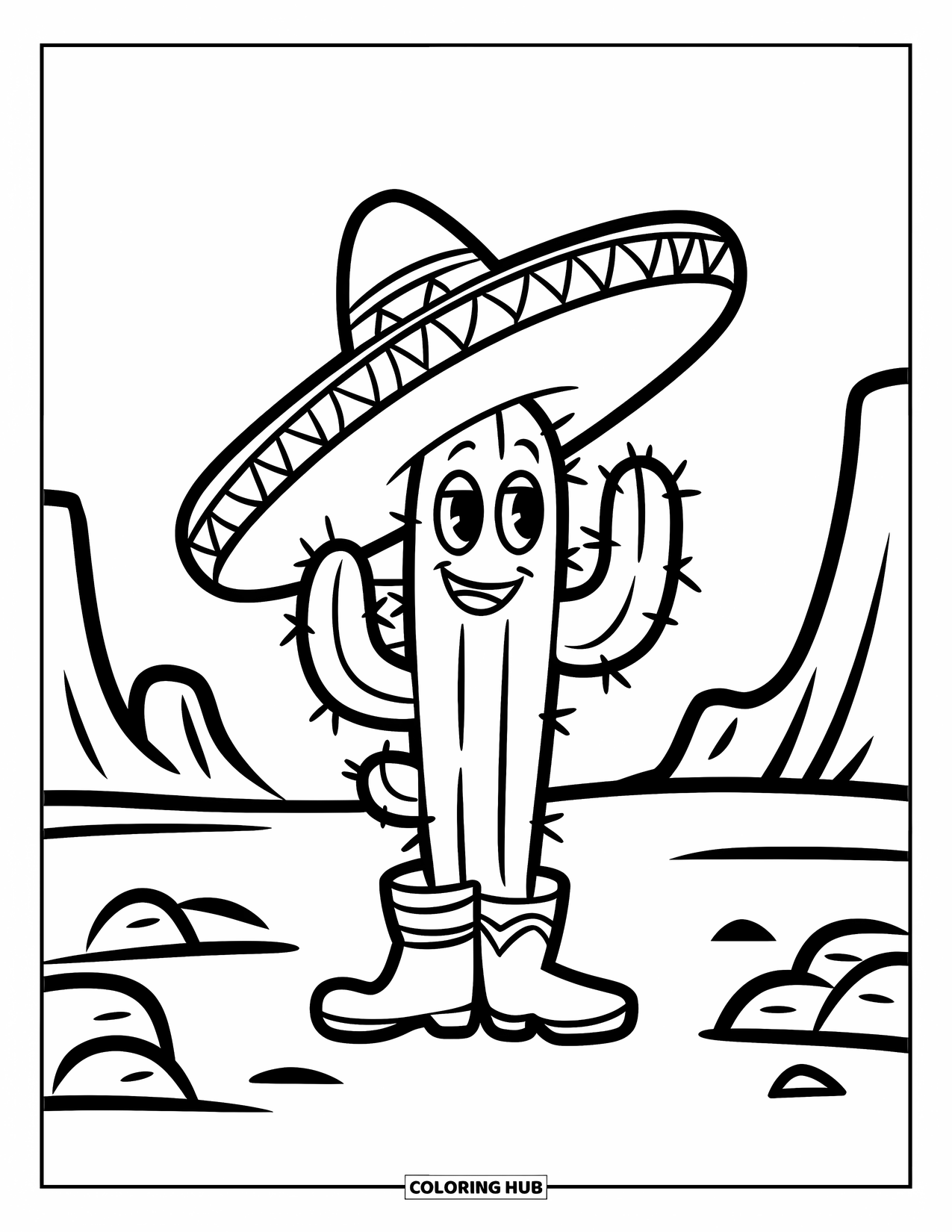 Mexiko Ausmalbild für Kinder: Ein Kaktus mit Sombrero und Stiefeln steht stolz in der Wüste