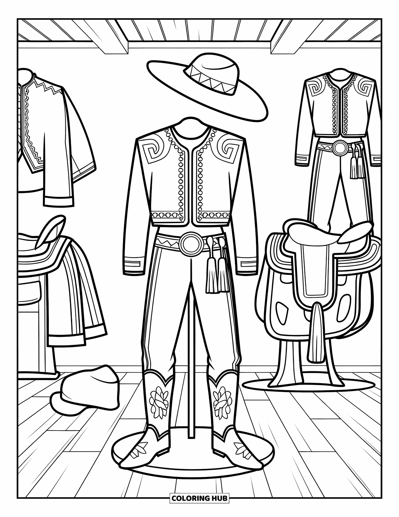 Mexiko Ausmalbild für Kinder: Ein Charro-Anzug, Stiefel und Hut werden in einem gemütlichen Raum ausgestellt