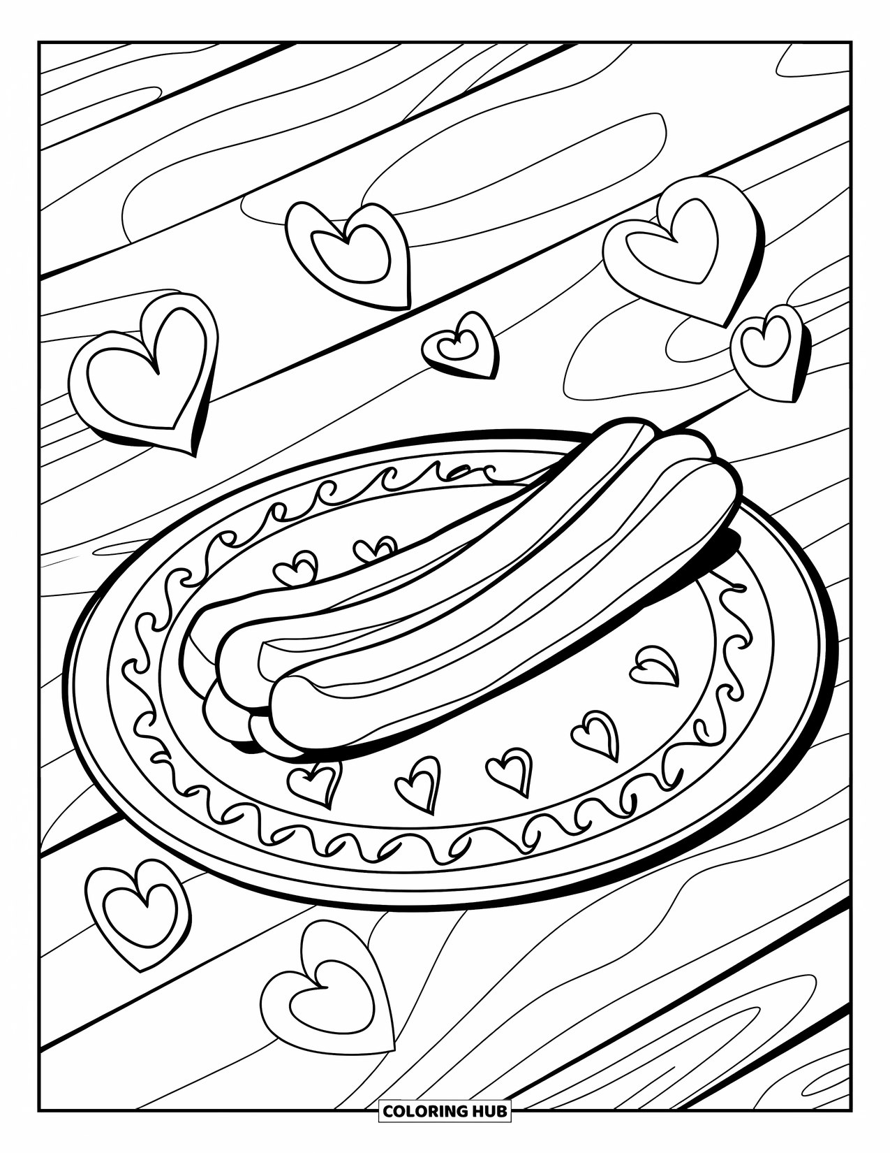 Mexiko Ausmalbild für Kinder: Ein Churro auf einem Teller mit Herzen und Wirbeln, die herumschweben