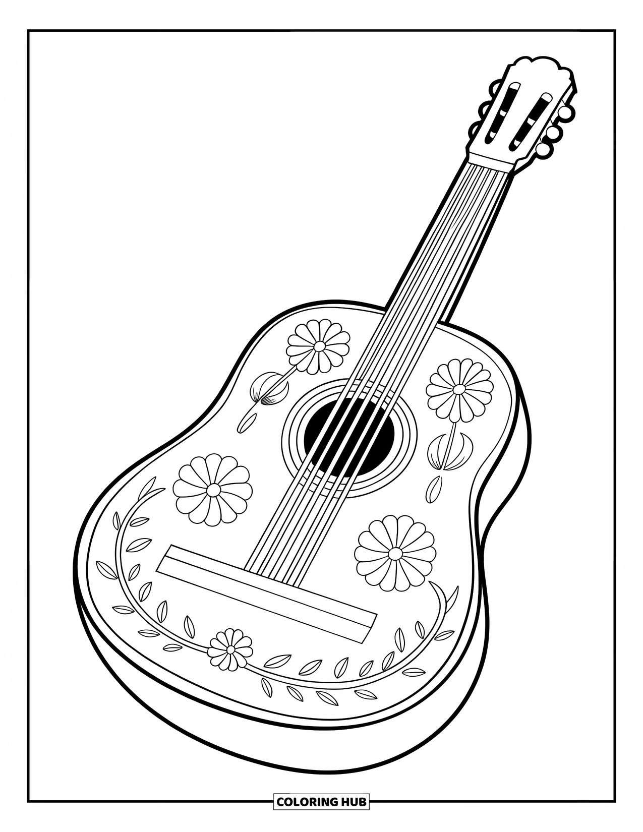 Mexiko Ausmalbild für Kinder: Eine klassische Gitarre mit Blumenschnitzereien ruht auf einer flachen Oberfläche