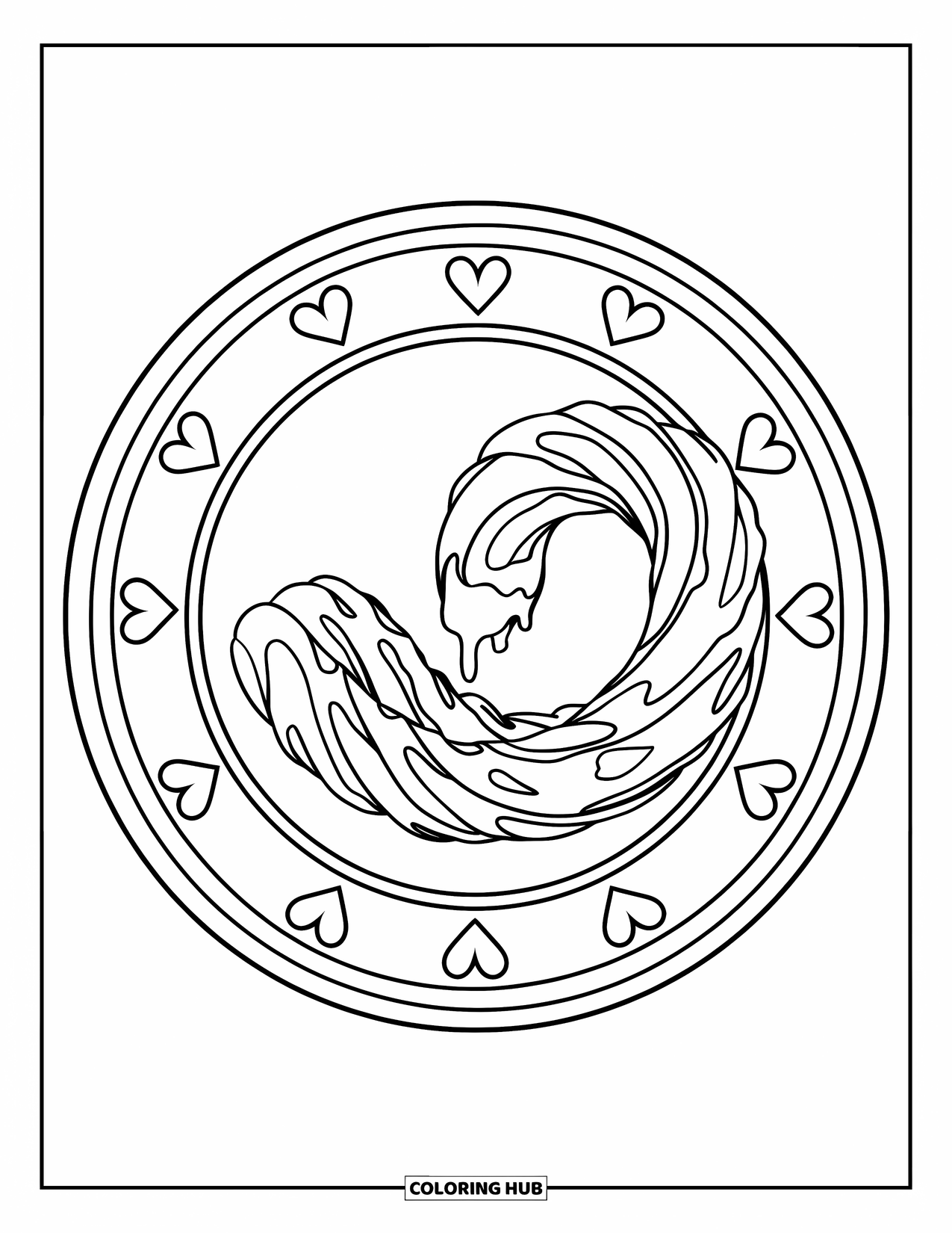 Mexiko Ausmalbild für Kinder: Ein lockiger Churro mit Glasur sitzt auf einem Teller voller Herzen und Wirbel