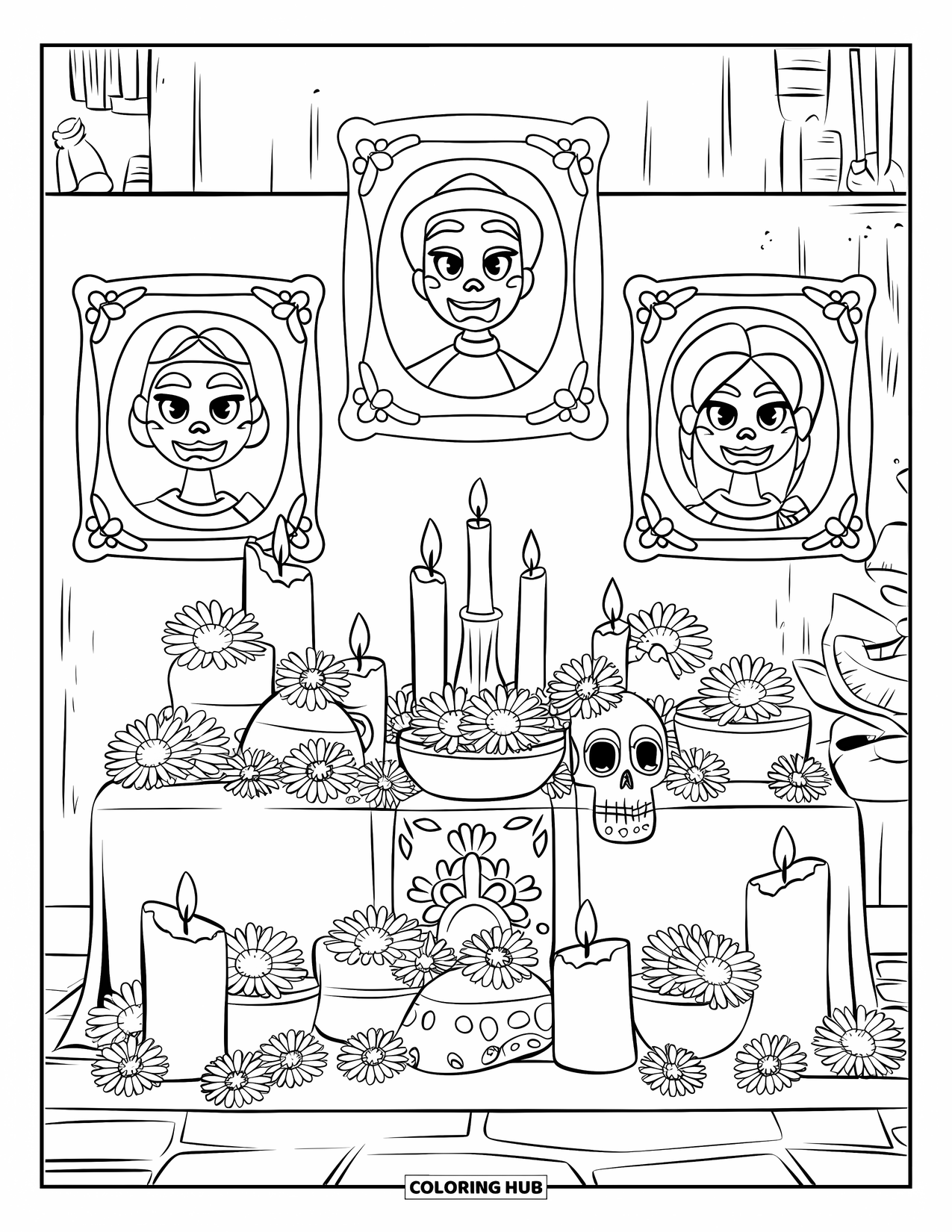 Mexiko Ausmalbild für Kinder: Ein Día de los Muertos-Altar mit Blumen, Kerzen und Bildern