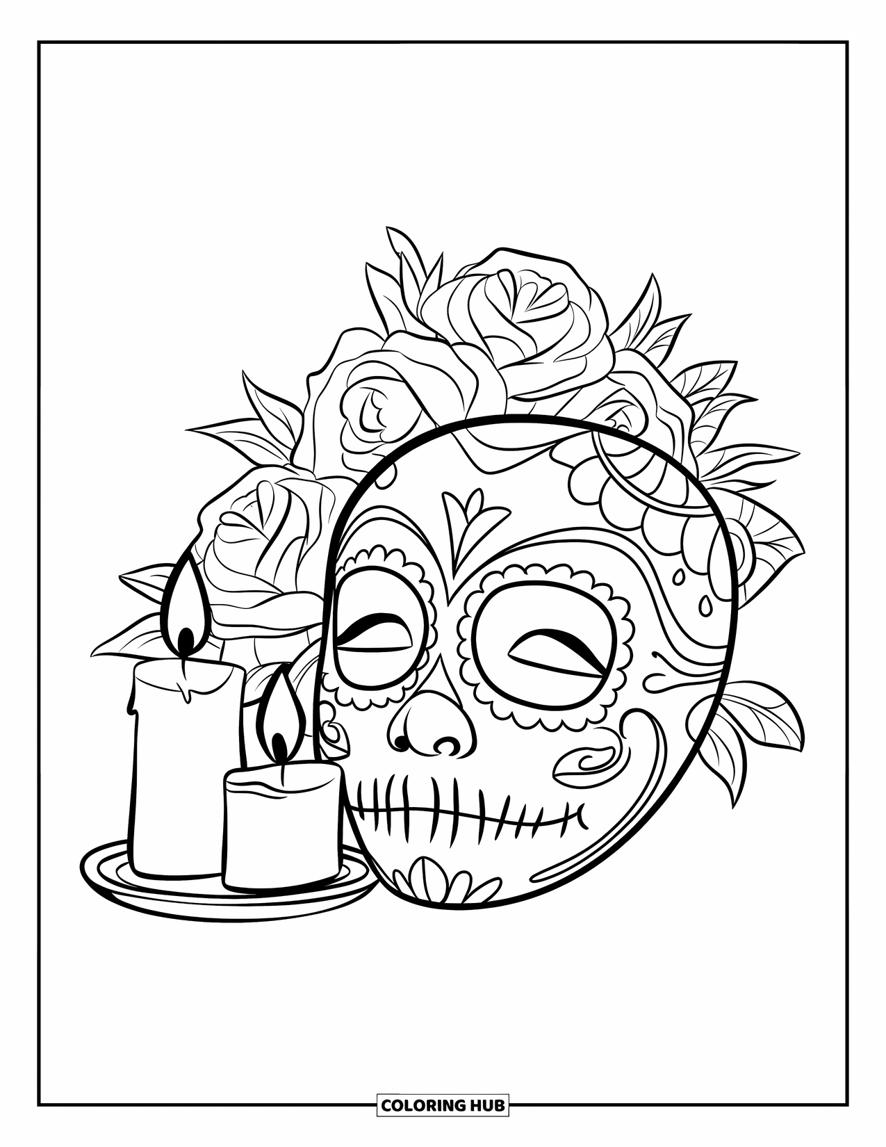 Mexiko Ausmalbild für Kinder: Eine verzierte Schädelmaske mit Kerzen und Rosen in der Nähe