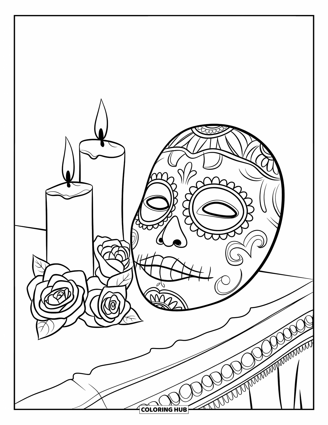 Mexiko Ausmalbild für Kinder: Eine detaillierte Maske mit Kerzen und Rosen, die auf einem kleinen Tisch angeordnet sind