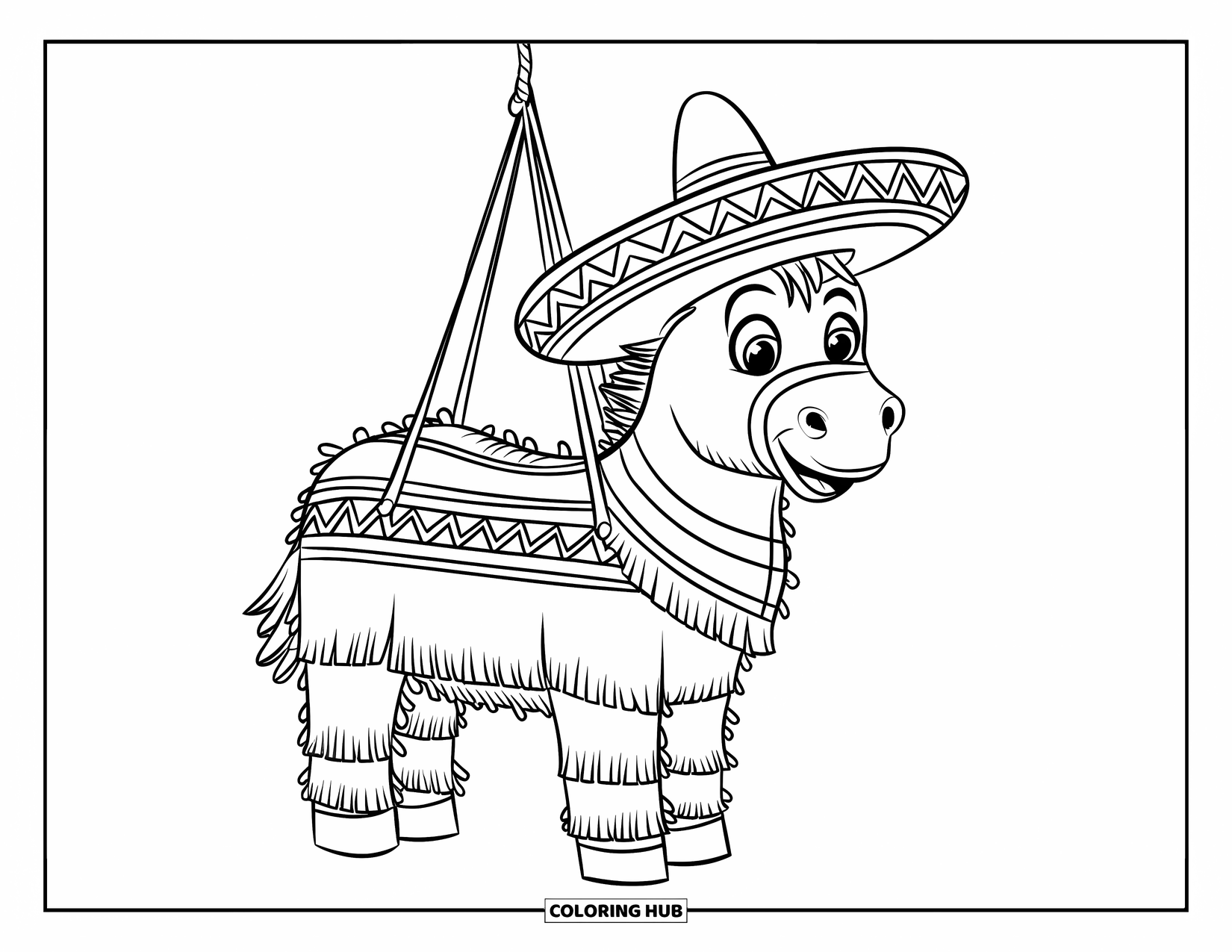 Mexiko Ausmalbild für Kinder: Eine Esel-Piñata trägt einen Sombrero und hängt an einem Seil