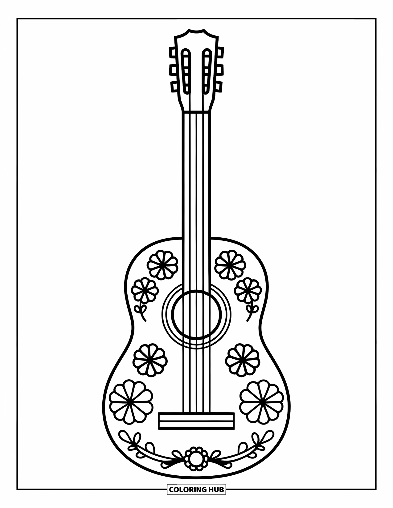 Mexiko Ausmalbild für Kinder: Eine floral verzierte Gitarre sitzt spielbereit da