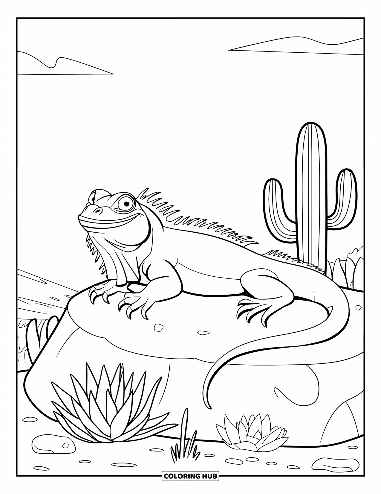 Mexiko Ausmalbild für Kinder: Ein fröhlicher Leguan faulenzt in einer Wüstenszene mit Kakteen und Wolken