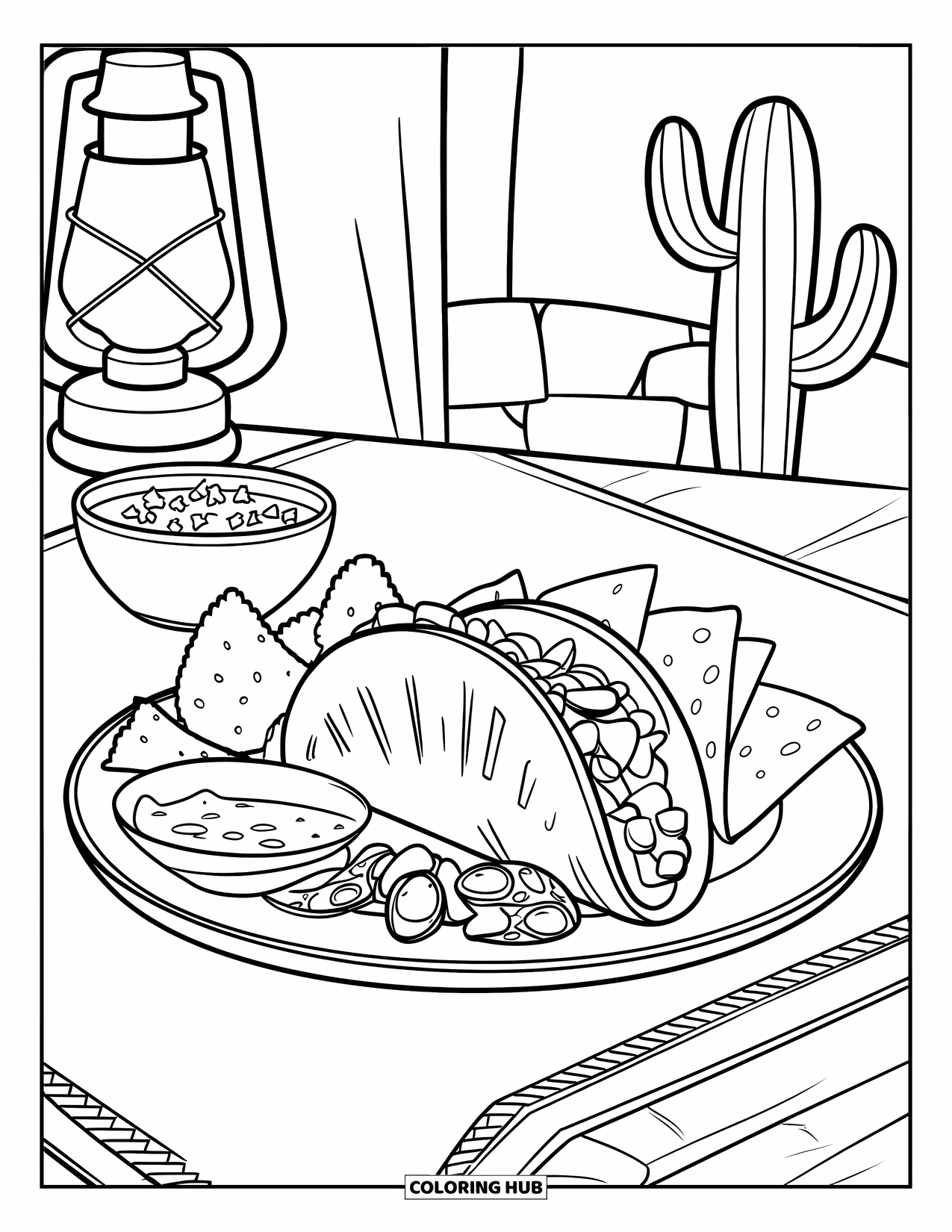 Mexiko Ausmalbild für Kinder: Eine herzhafte Taco-Mahlzeit mit Salsa, Chips und Jalapeños